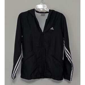 Adidas Mens 3 stripe hoodie track jacket sz S Run black windbreaker full zip